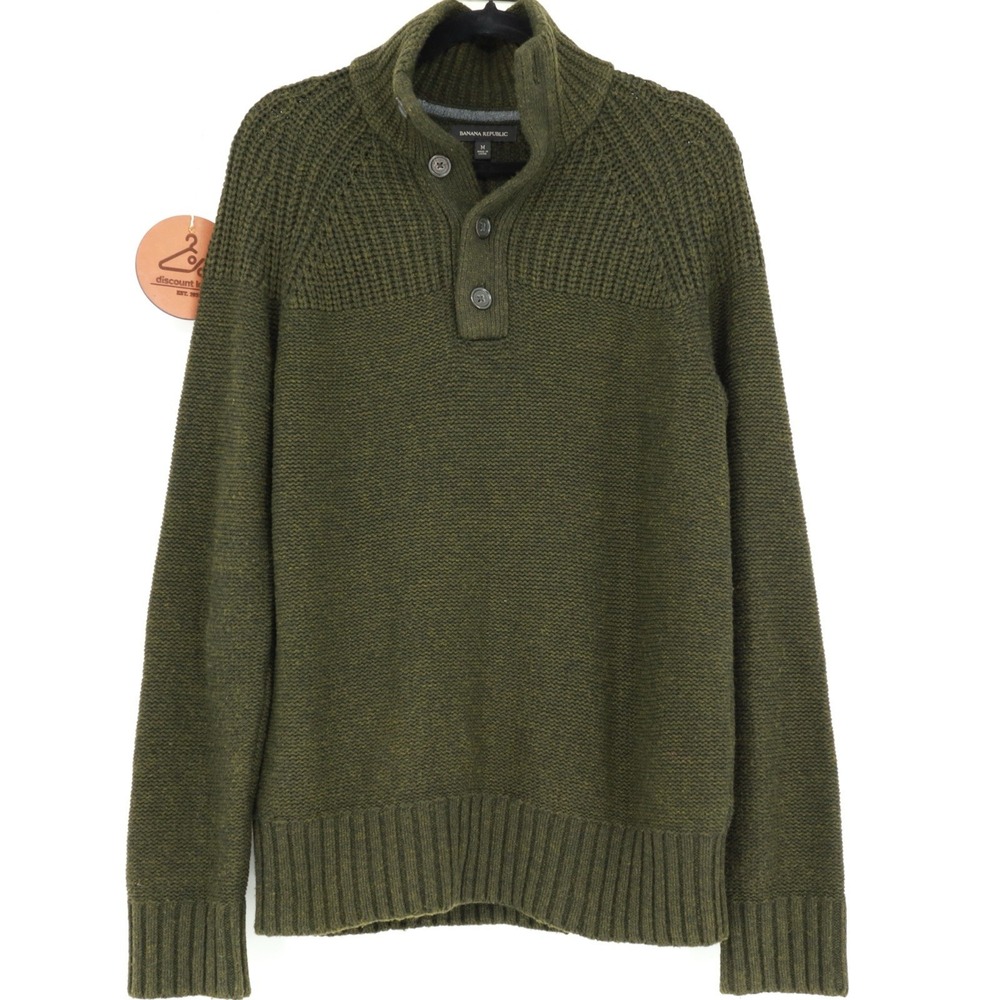 Banana Republic Button Mock Neck Wool Blend Sweater Military‎ Green Medium